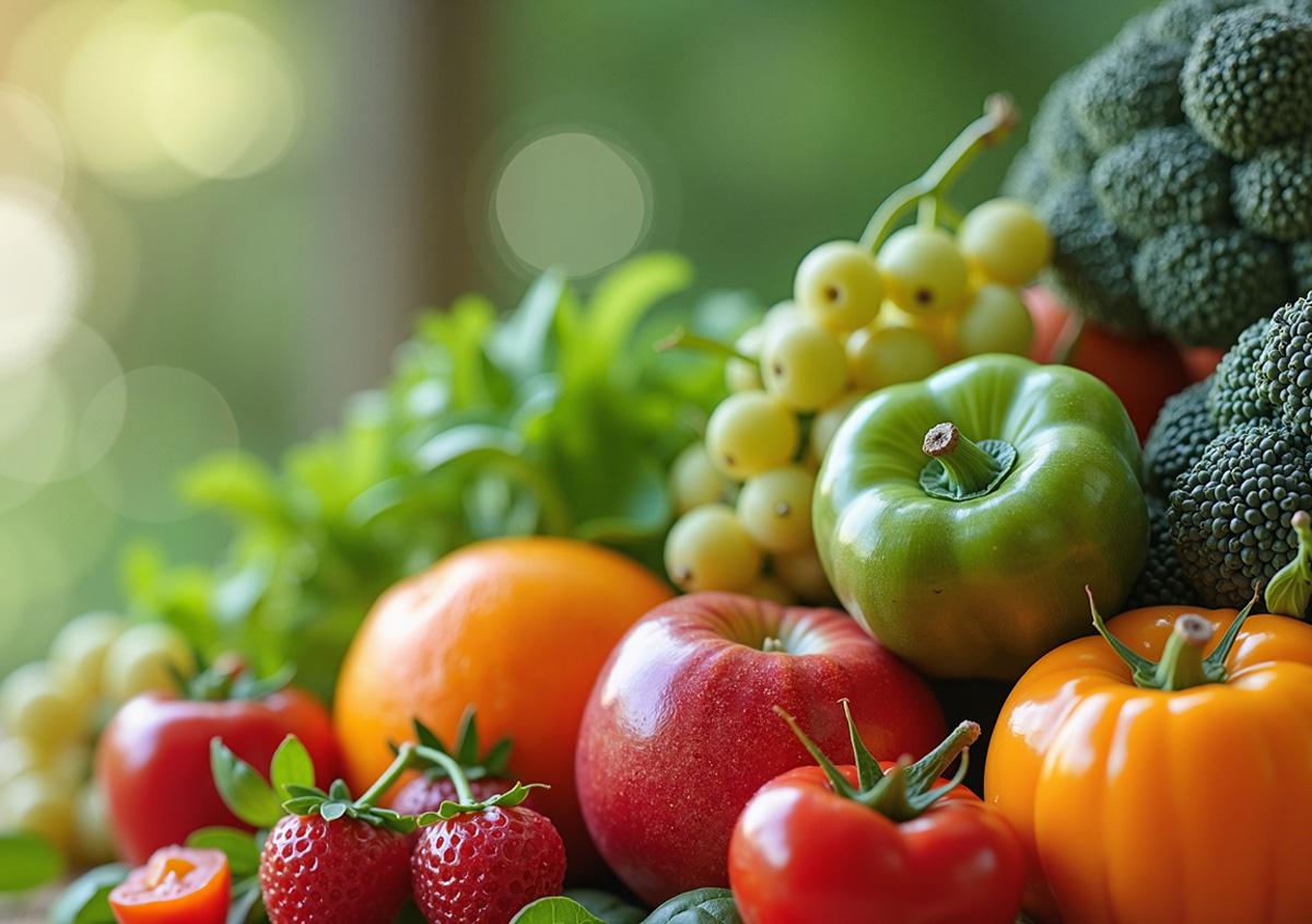 Various fruits and vegetables laid out on a table.