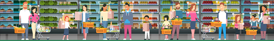 Various families standing in front of the produce aisle holding baskets of produce.