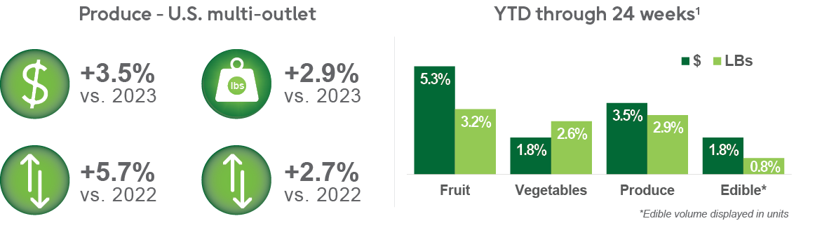 Bar graph with YTD through 24 weeks of fruit, vegetables, produce, and edible.
