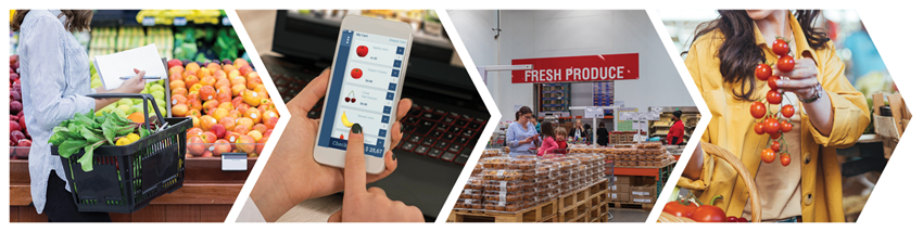 Four different grocery store scenes side by side.