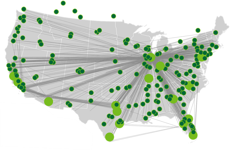 Map of the US with pinpoints. 