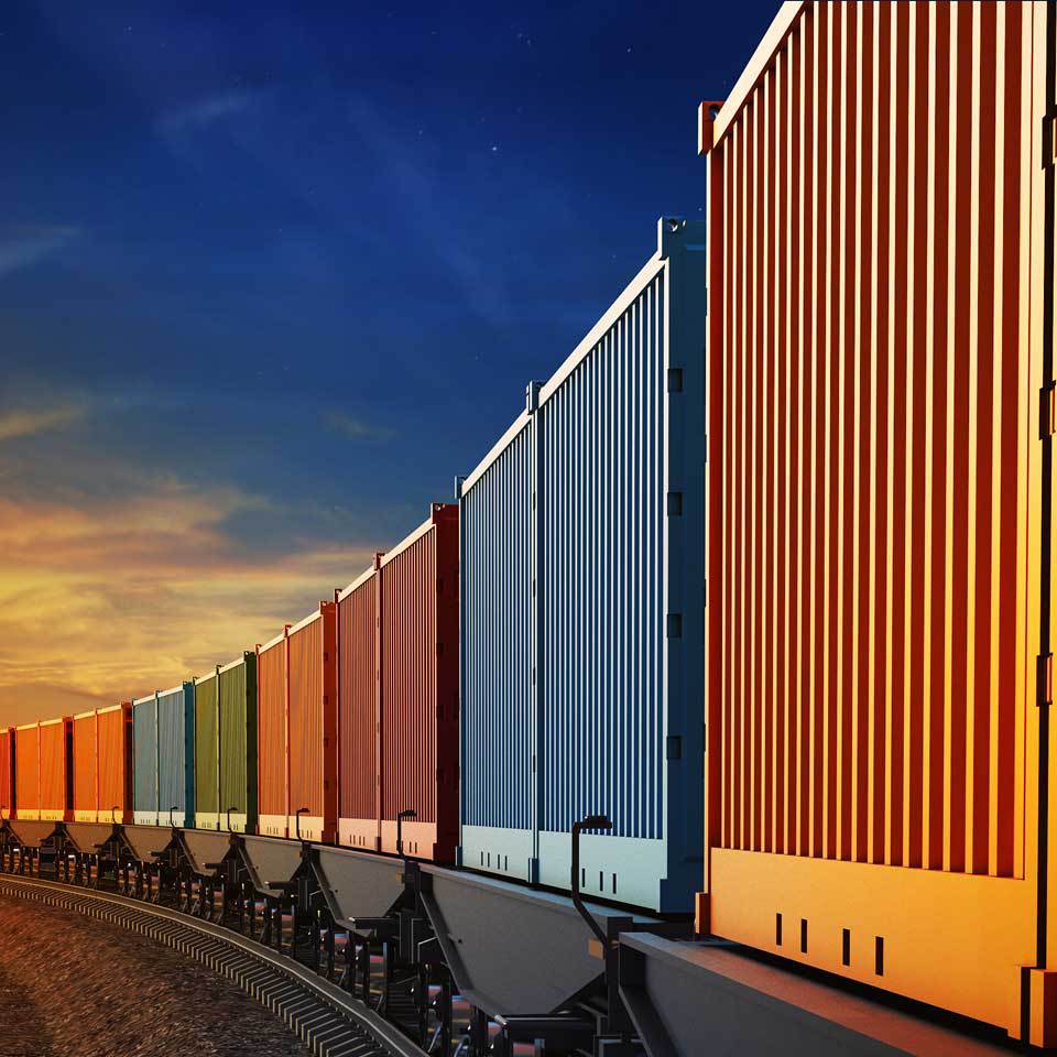 Cropped, colorful rail freight containers