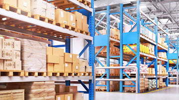 Goods stored on shelves in warehousing and logistics services facility