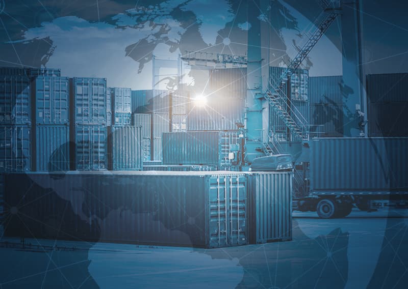 Visible freight containers with blue globe overlay | Visibility to your retail freight
